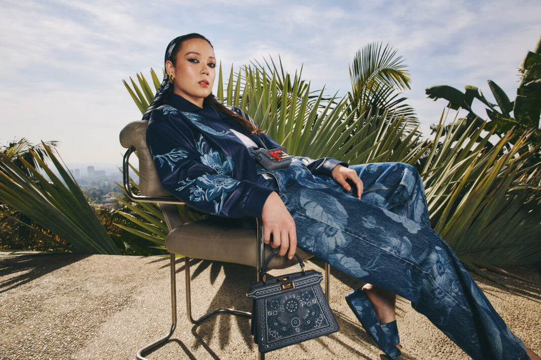 Adrienne Raquel Jacket, tank top, jeans, scarf, earrings, handbag, bag charm, and platform sandals, Fendi