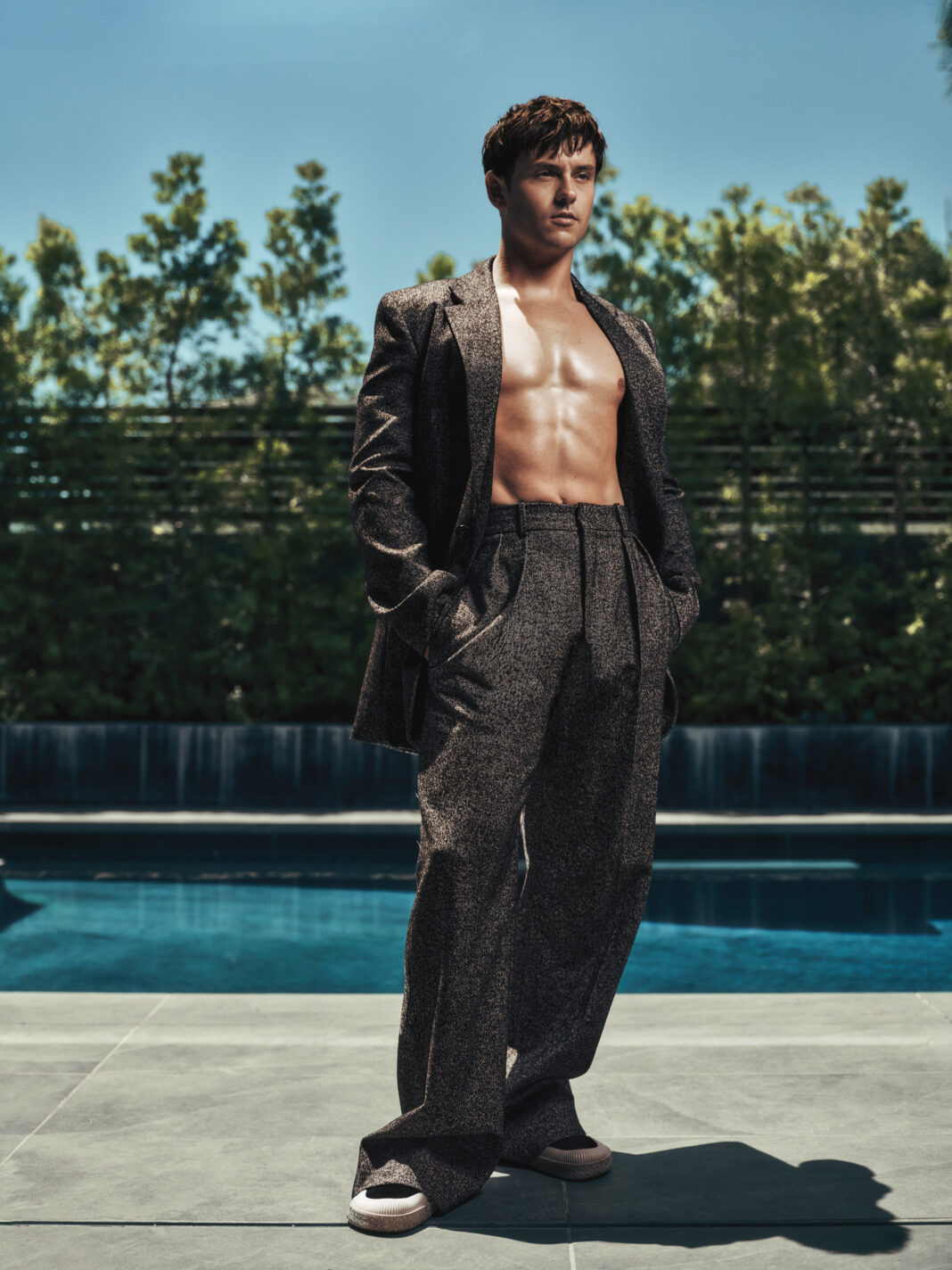 Tom Daley in LOEWE jacket, pants, and shoes