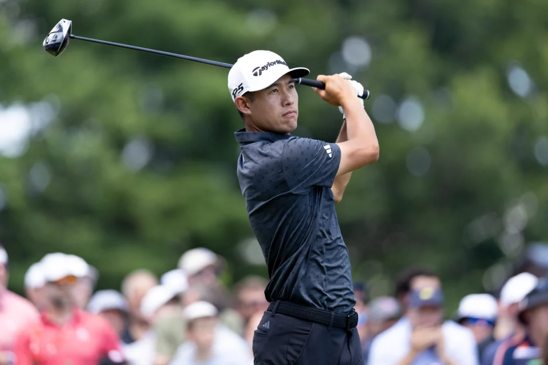 Jun 19, 2025; Cromwell, Connecticut, USA; Collin Morikawa plays his shot from the first tee during the first round of the Travelers Championship golf tournament. Mandatory Credit: Bill Streicher-Imagn Images