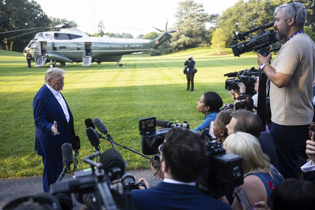President Donald Trump addresses the press on the White House lawn before departing on Marine One, June 24, 2025