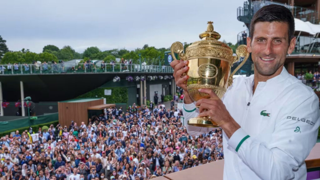 Novak Djokovic celebrating his victory at the 2021 Wimbledon Men's Singles Final